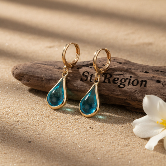 Blue Glass & Goldtone Drop Shape Huggie Earrings - Street Region