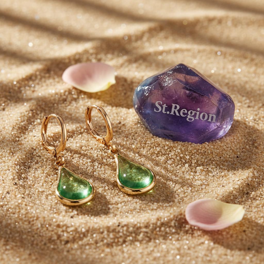 Green Glass and Goldtone Drop Shape Huggie Earrings, gold drop earrings for women, botanical inspired, detail close-up