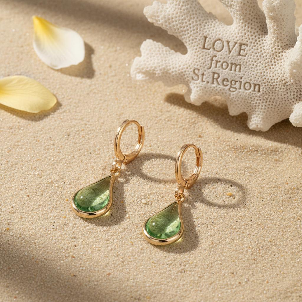 Green Glass and Goldtone Drop Shape Huggie Earrings, gold drop earrings for women, botanical inspired, lifestyle look