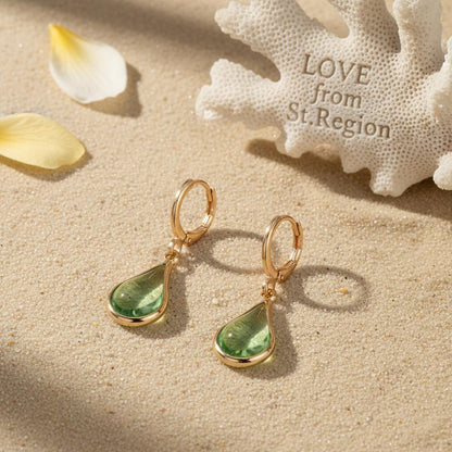 Green Glass and Goldtone Drop Shape Huggie Earrings, gold drop earrings for women, botanical inspired, lifestyle look
