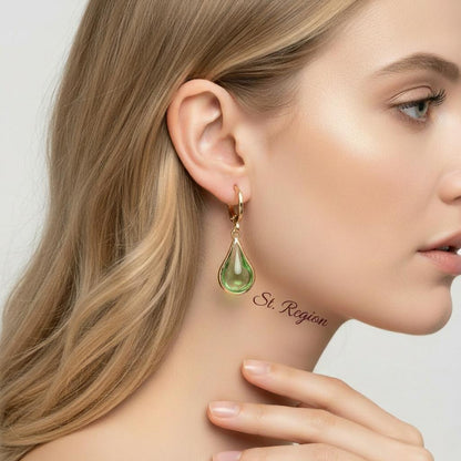 Green Glass and Goldtone Drop Shape Huggie Earrings, gold drop earrings for women, botanical inspired, styled look