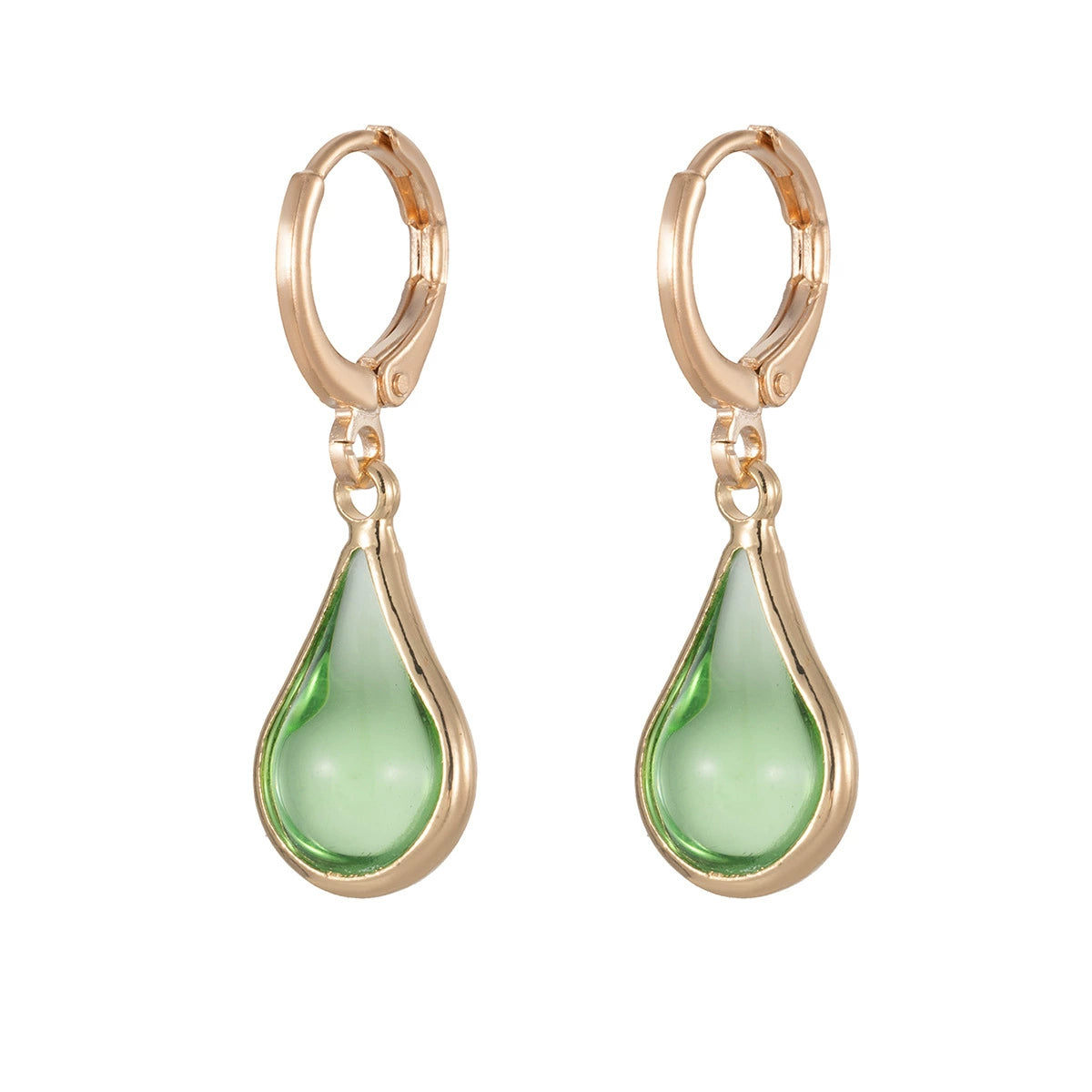 Green Glass & Goldtone Drop Shape Huggie Earrings - Street Region