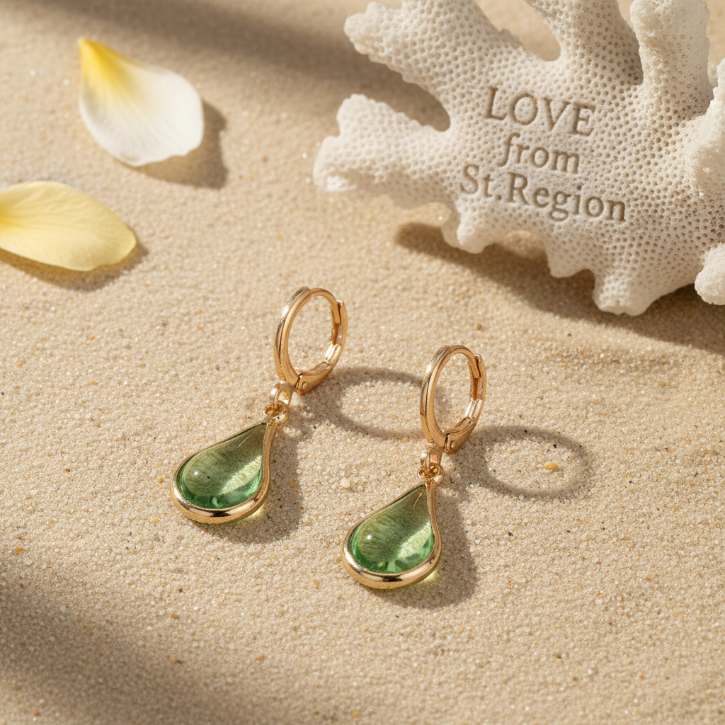 Green Glass & Goldtone Drop Shape Huggie Earrings - Street Region