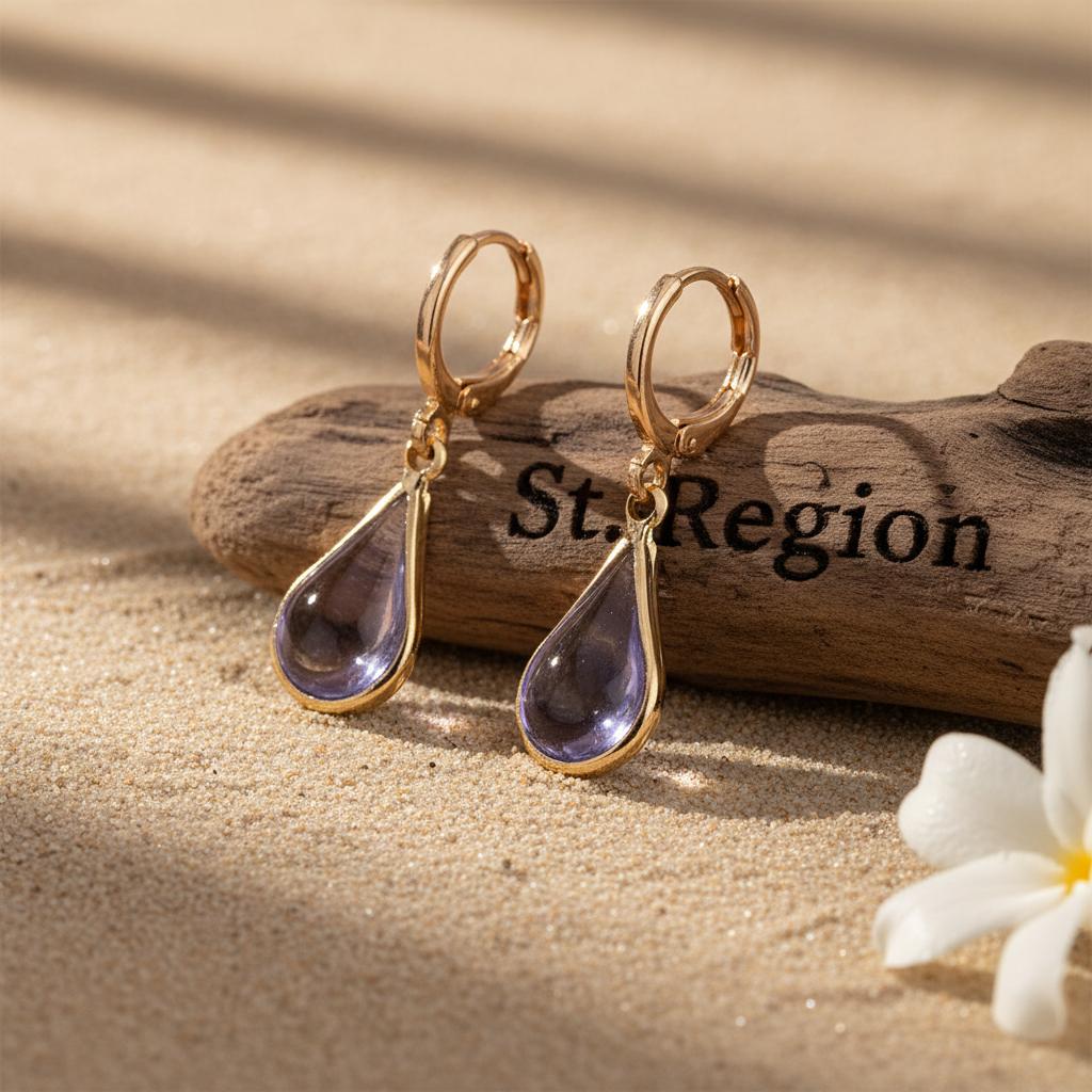 Purple Glass and Goldtone Drop Shape Huggie Earrings, gold drop earrings for women, dainty minimalist design, front view