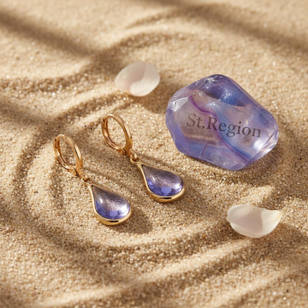 Purple Glass and Goldtone Drop Shape Huggie Earrings, gold drop earrings for women, dainty minimalist design, detail close-up