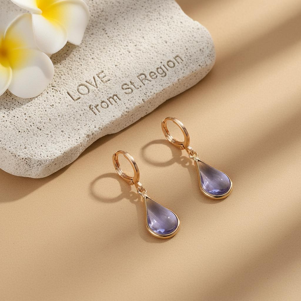 Purple Glass and Goldtone Drop Shape Huggie Earrings, gold drop earrings for women, dainty minimalist design, lifestyle look