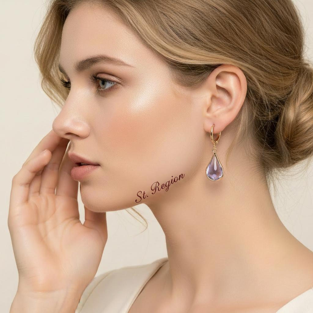 Purple Glass and Goldtone Drop Shape Huggie Earrings, gold drop earrings for women, dainty minimalist design, styled look