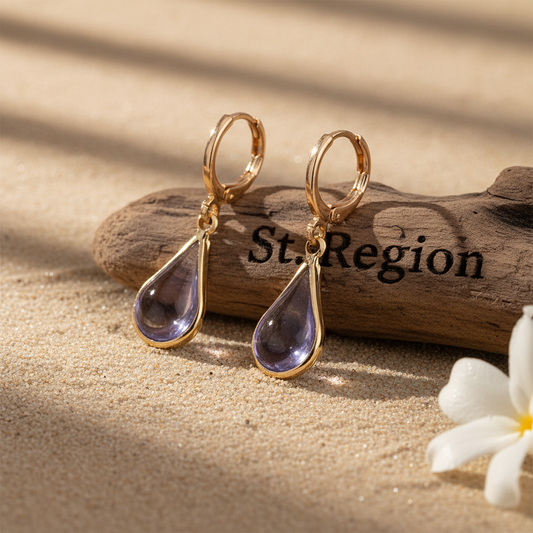 Purple Glass & Goldtone Drop Shape Huggie Earrings - Street Region