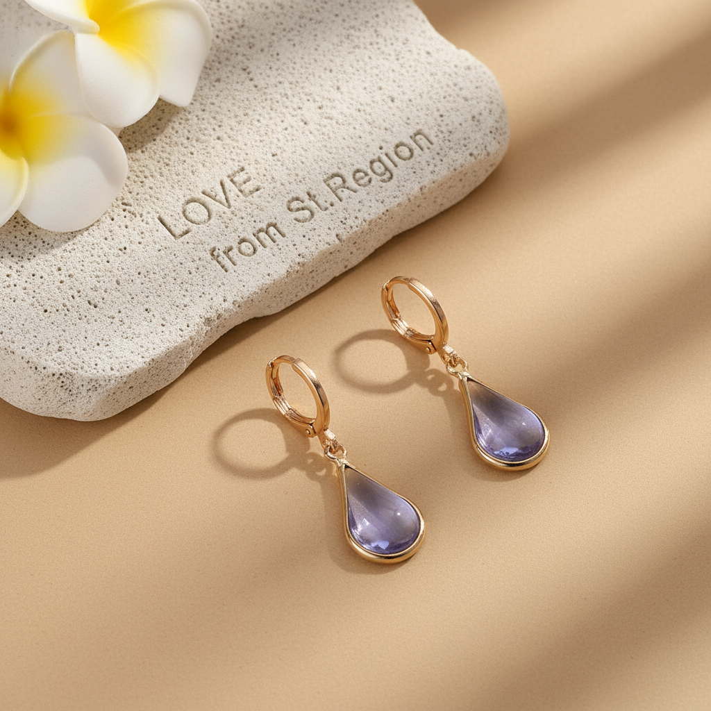 Purple Glass & Goldtone Drop Shape Huggie Earrings - Street Region