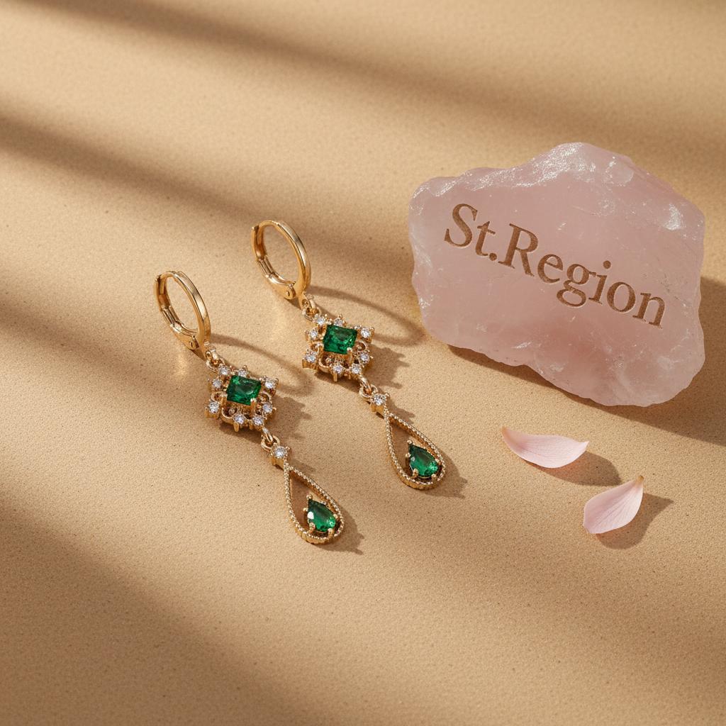 Emerald Crystal and Cubic Zirconia Goldtone Rhombus Drop Huggie Earrings, gold huggie earrings, detail close-up