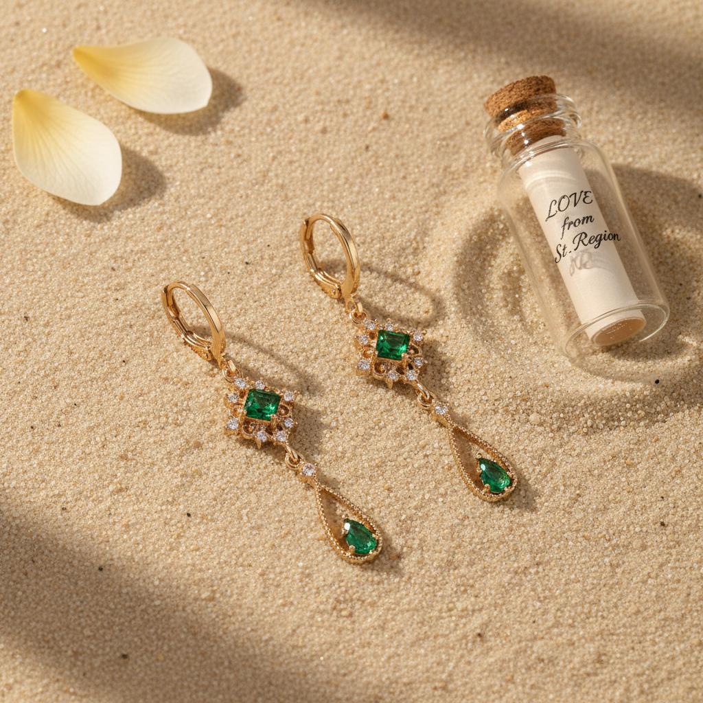 Emerald Crystal and Cubic Zirconia Goldtone Rhombus Drop Huggie Earrings, gold huggie earrings, lifestyle look