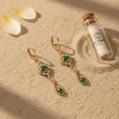 Emerald Crystal and Cubic Zirconia Goldtone Rhombus Drop Huggie Earrings, gold huggie earrings, lifestyle look