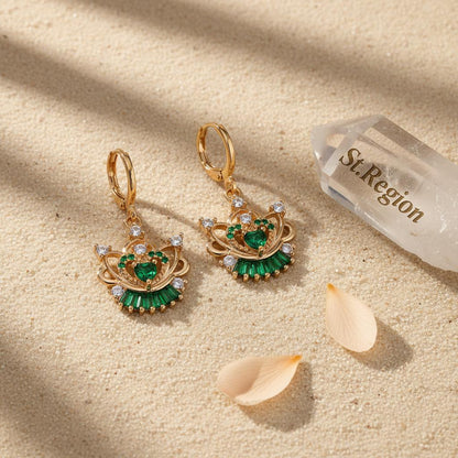 Emerald Crystal and Cubic Zirconia Goldtone Flower Heart Huggie Earrings, gold huggie earrings, detail close-up
