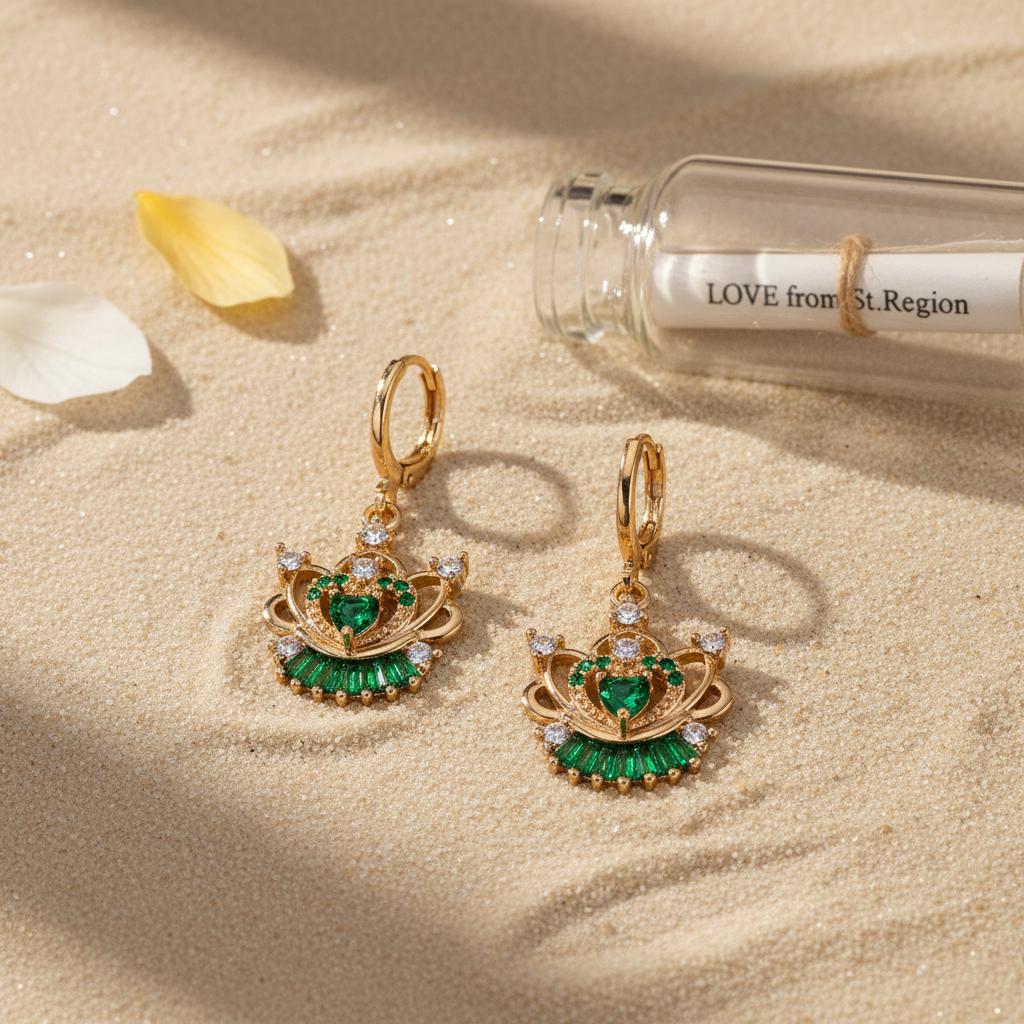 Emerald Crystal and Cubic Zirconia Goldtone Flower Heart Huggie Earrings, gold huggie earrings, lifestyle look
