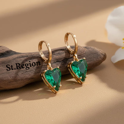 Emerald Crystal and Goldtone Heart Huggie Earrings, gold huggie earrings, everyday style, front view