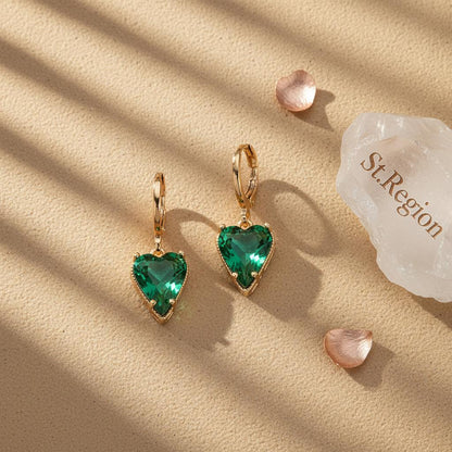 Emerald Crystal and Goldtone Heart Huggie Earrings, gold huggie earrings, everyday style, detail close-up