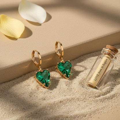 Emerald Crystal and Goldtone Heart Huggie Earrings, gold huggie earrings, everyday style, lifestyle look