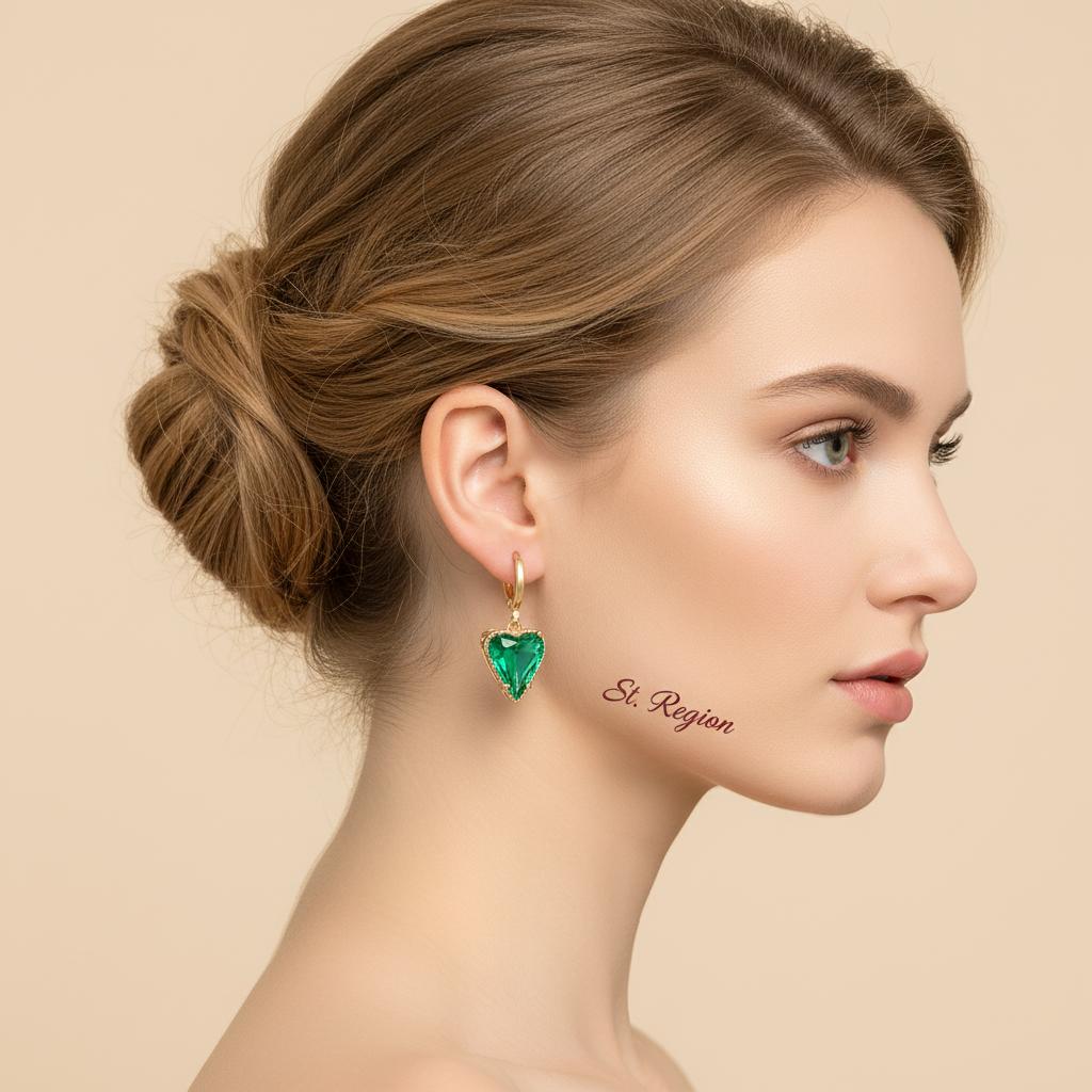 Emerald Crystal and Goldtone Heart Huggie Earrings, gold huggie earrings, everyday style, styled look