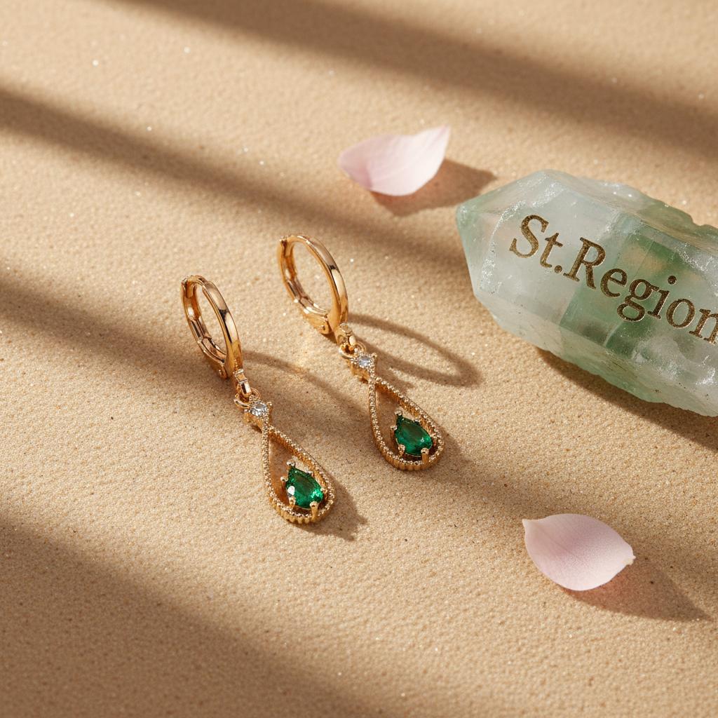Emerald Crystal and Cubic Zirconia Goldtone Open Drop Huggie Earrings, gold huggie earrings, detail close-up