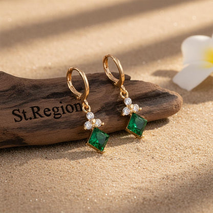 Emerald Crystal and Cubic Zirconia Goldtone Flower Rhombus Huggie Earrings, gold huggie earrings, front view