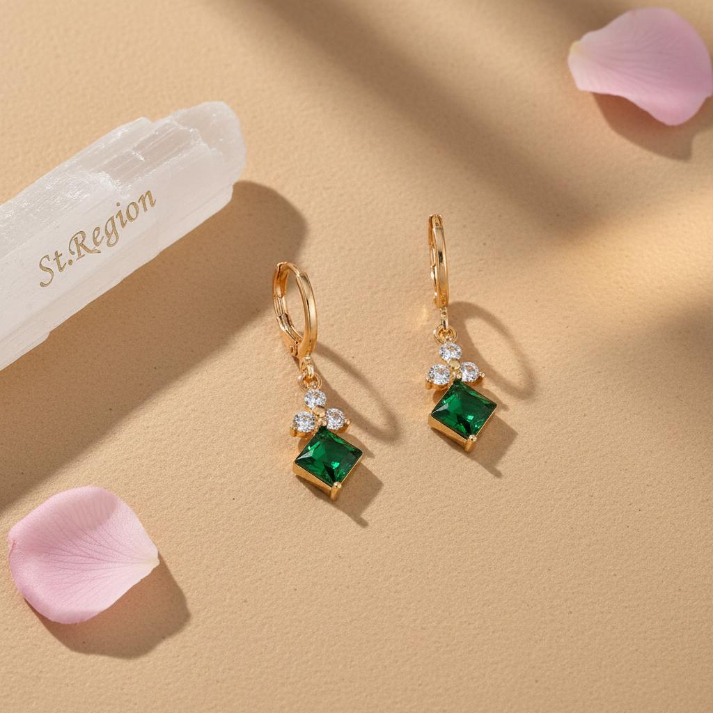 Emerald Crystal and Cubic Zirconia Goldtone Flower Rhombus Huggie Earrings, gold huggie earrings, detail close-up