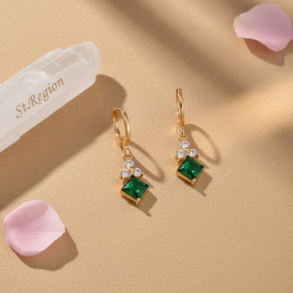 Emerald Crystal and Cubic Zirconia Goldtone Flower Rhombus Huggie Earrings, gold huggie earrings, detail close-up