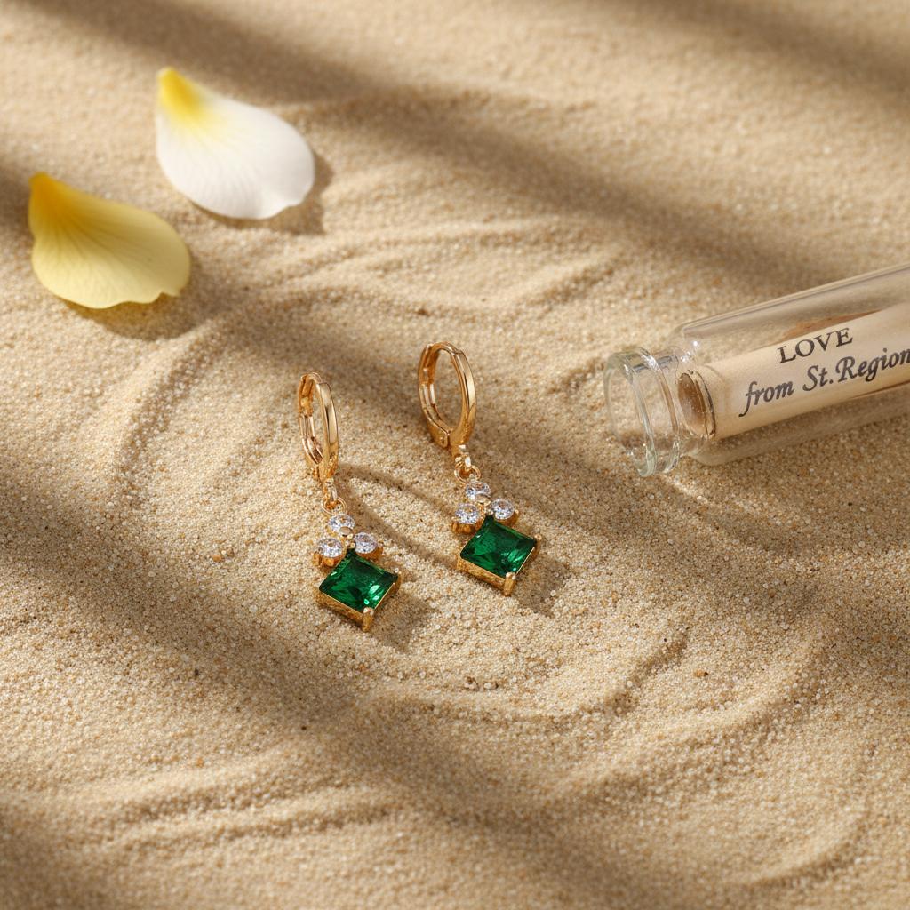 Emerald Crystal and Cubic Zirconia Goldtone Flower Rhombus Huggie Earrings, gold huggie earrings, lifestyle look