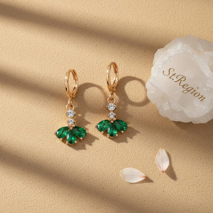 Emerald Crystal and Cubic Zirconia Goldtone Petals Huggie Earrings, gold huggie earrings, detail close-up