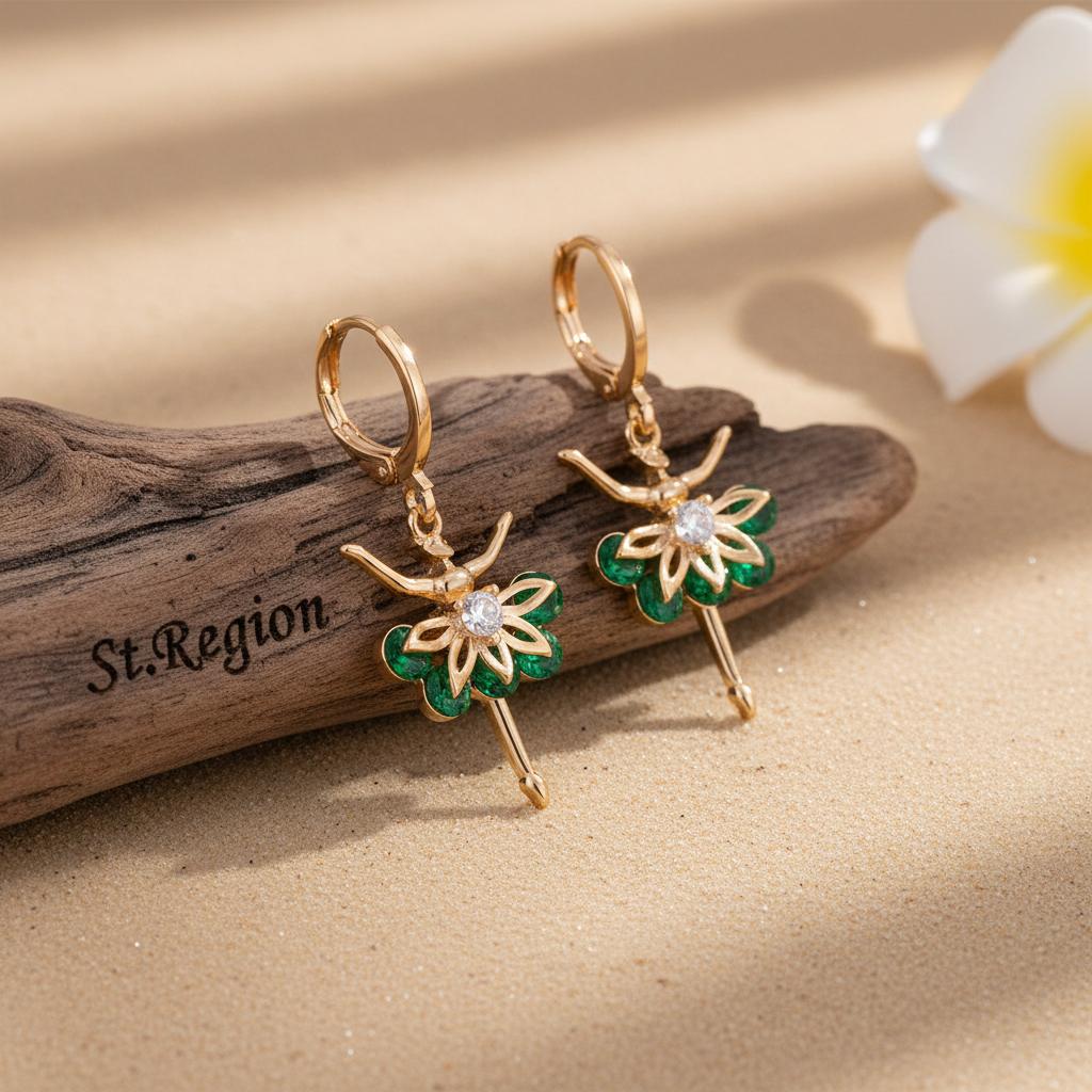Emerald Crystal and Cubic Zirconia Goldtone Ballet Girl Huggie Earrings, gold huggie earrings, everyday style, front view