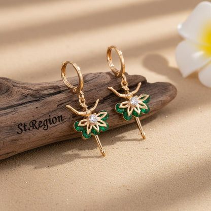 Emerald Crystal and Cubic Zirconia Goldtone Ballet Girl Huggie Earrings, gold huggie earrings, everyday style, front view