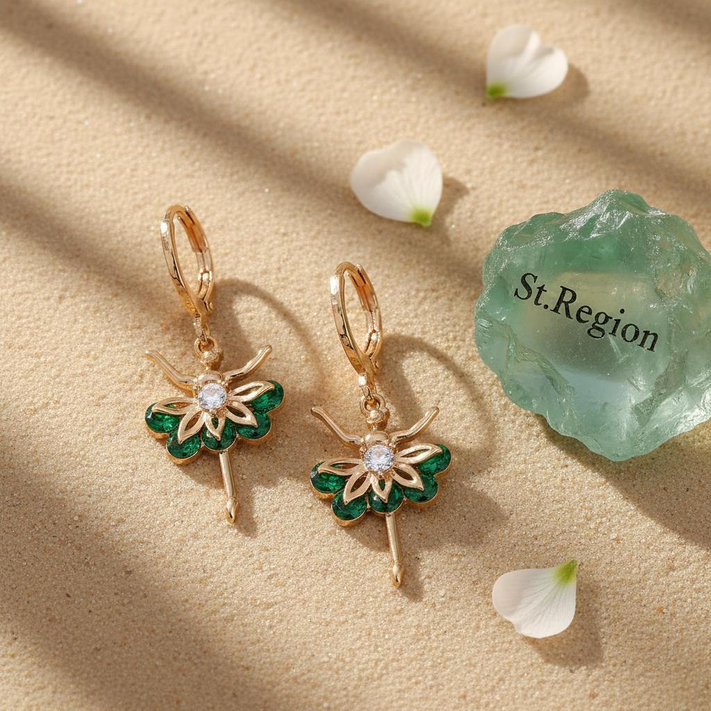 Emerald Crystal and Cubic Zirconia Goldtone Ballet Girl Huggie Earrings, gold huggie earrings, detail close-up