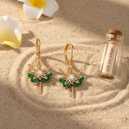 Emerald Crystal and Cubic Zirconia Goldtone Ballet Girl Huggie Earrings, gold huggie earrings, everyday style, lifestyle look