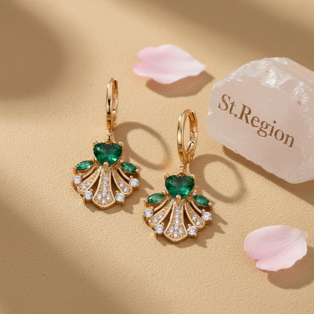 Emerald Crystal and Cubic Zirconia Goldtone Heart-Cut Botany Huggie Earrings, gold huggie earrings, detail close-up