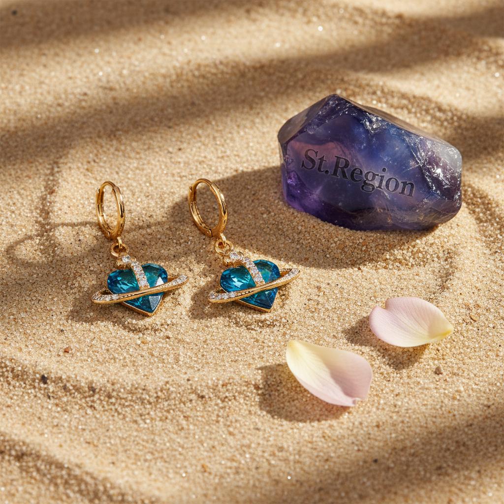 Cobalt Blue Crystal and Cubic Zirconia Goldtone Celestial Heart Huggie Earrings, gold drop earrings for women, detail clos...