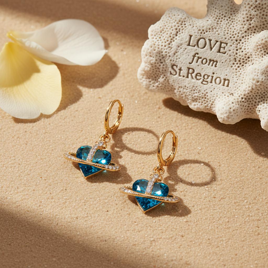 Cobalt Blue Crystal and Cubic Zirconia Goldtone Celestial Heart Huggie Earrings, gold drop earrings for women, lifestyle look