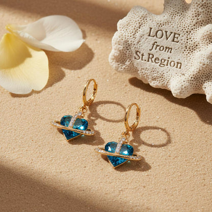 Cobalt Blue Crystal and Cubic Zirconia Goldtone Celestial Heart Huggie Earrings, gold drop earrings for women, lifestyle look