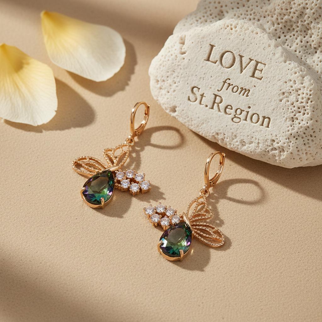 Iridescent Crystal and Cubic Zirconia Goldtone Filigree Butterfly Huggie Earrings, gold drop earrings for women, lifestyle...