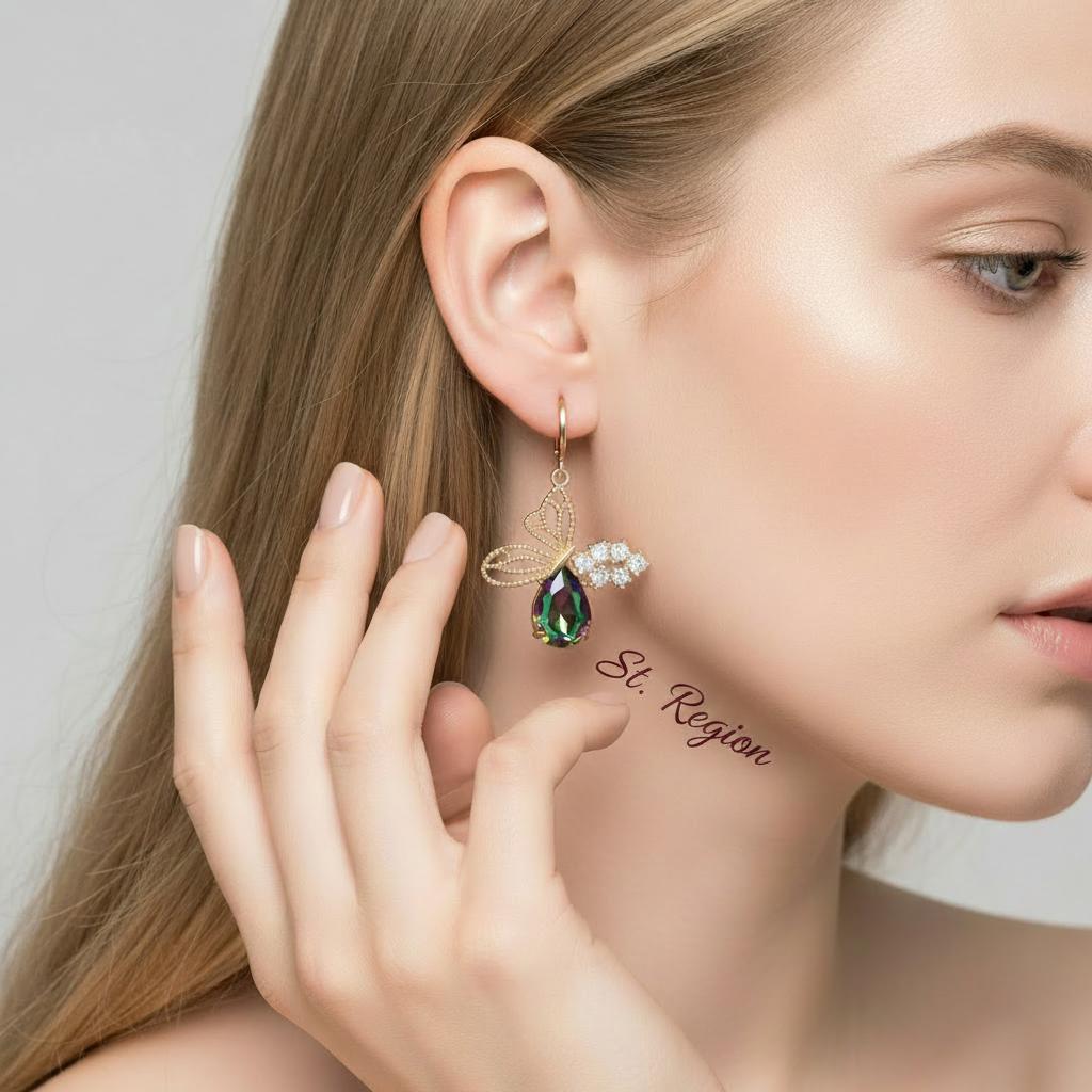 Iridescent Crystal and Cubic Zirconia Goldtone Filigree Butterfly Huggie Earrings, gold drop earrings for women, styled look