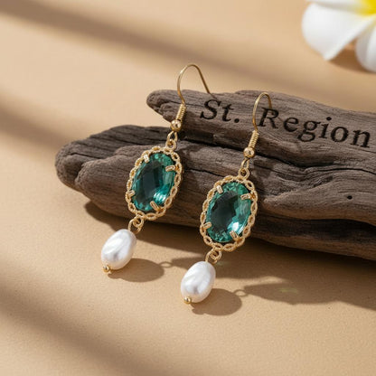 Bluish-Green Crystal and Baroque Pearl Goldtone Oval Hook Earrings, gold drop earrings for women, everyday style, front view