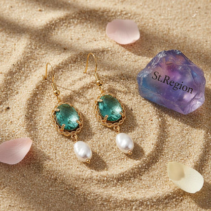 Bluish-Green Crystal and Baroque Pearl Goldtone Oval Hook Earrings, gold drop earrings for women, detail close-up