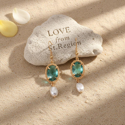 Bluish-Green Crystal and Baroque Pearl Goldtone Oval Hook Earrings, gold drop earrings for women, lifestyle look
