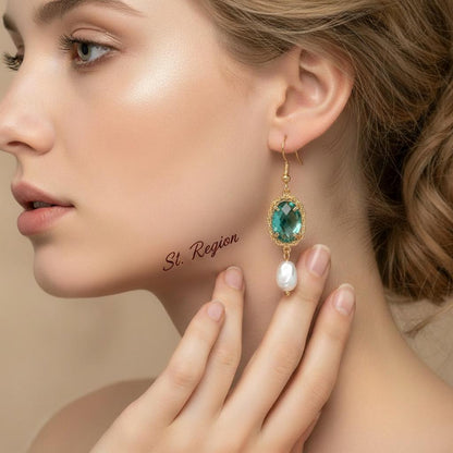 Bluish-Green Crystal and Baroque Pearl Goldtone Oval Hook Earrings, gold drop earrings for women, everyday style, styled look