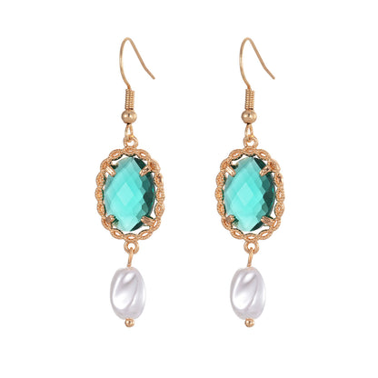 Bluish-Green Crystal & Baroque Pearl Goldtone Oval Hook Earrings - Street Region
