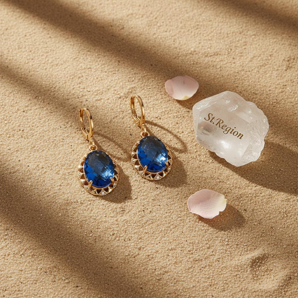 Blue Crystal and Cubic Zirconia Goldtone Oval-Cut Flower Dangle Earrings, gold huggie earrings, detail close-up