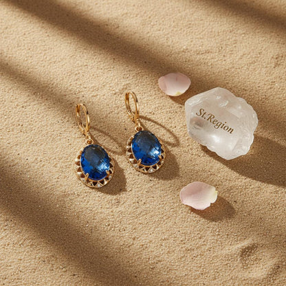 Blue Crystal and Cubic Zirconia Goldtone Oval-Cut Flower Dangle Earrings, gold huggie earrings, detail close-up