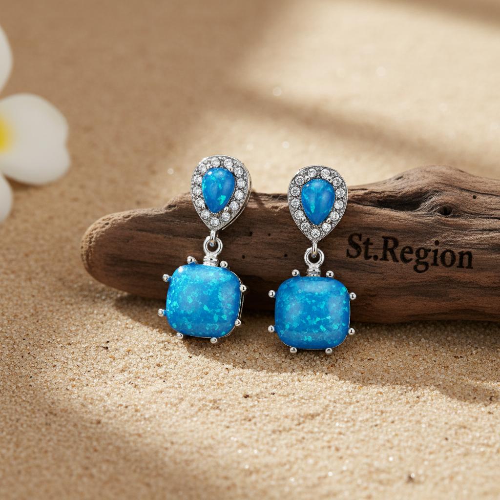 Blue Opal and Cubic Zirconia Drop Earrings, drop earrings for women, botanical inspired, front view