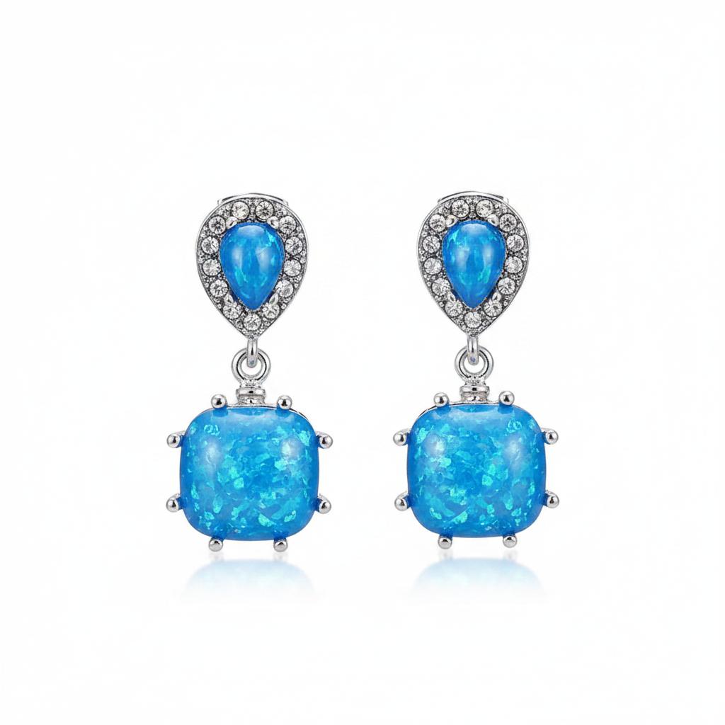 Blue Opal and Cubic Zirconia Drop Earrings, drop earrings for women, botanical inspired, side view