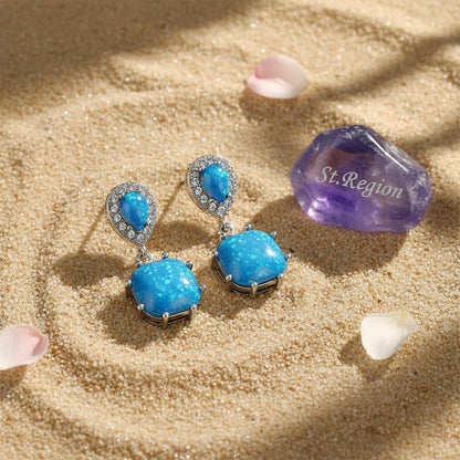 Blue Opal and Cubic Zirconia Drop Earrings, drop earrings for women, botanical inspired, detail close-up
