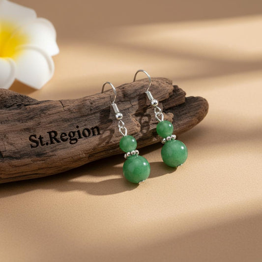 Green Jade & Silvertone ‌Gourd‌-Shape Hook Earrings
