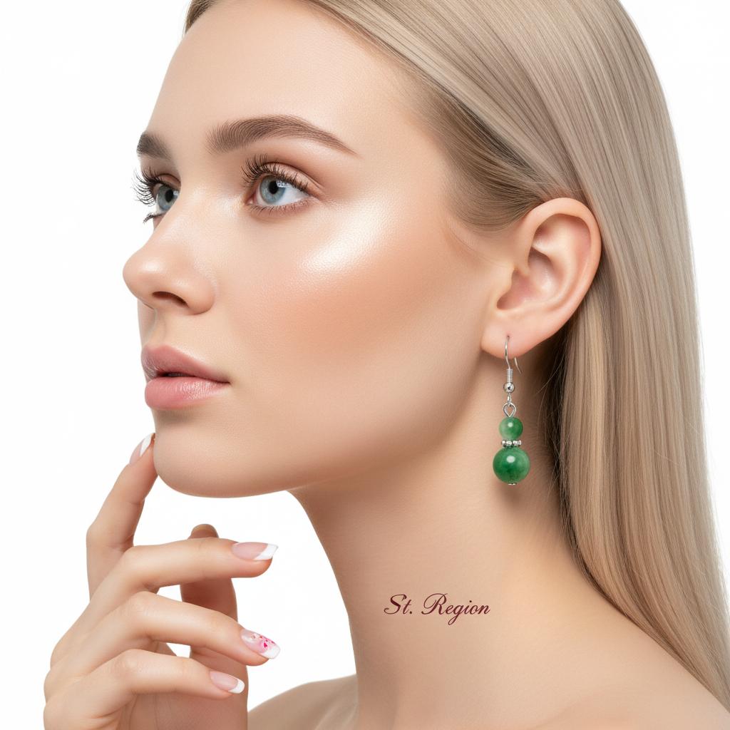 Green Jade and Silvertone ‌Gourd‌-Shape Hook Earrings, silver drop earrings for women, elegant gift for her, styled look